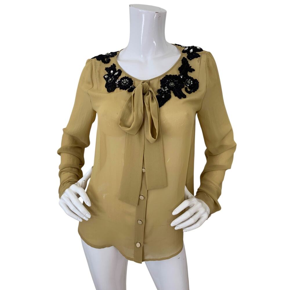 Robert Rodriguez Blouse Embellished Beaded Chiffon Tie Neck Top Size Small